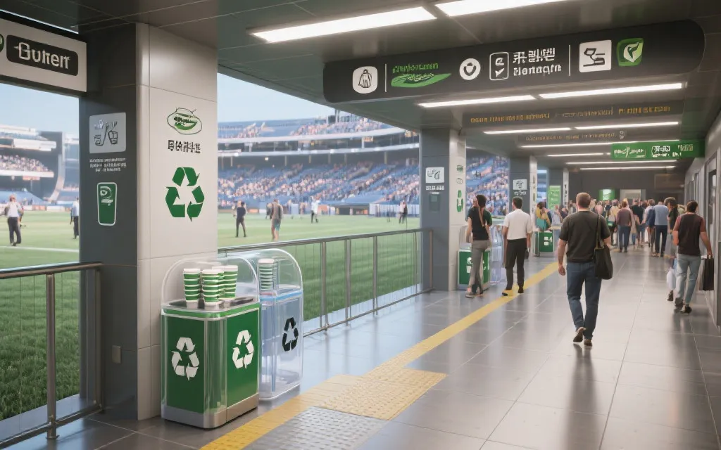 体育场馆内可重复使用杯与分类投放点的现场设计概念图