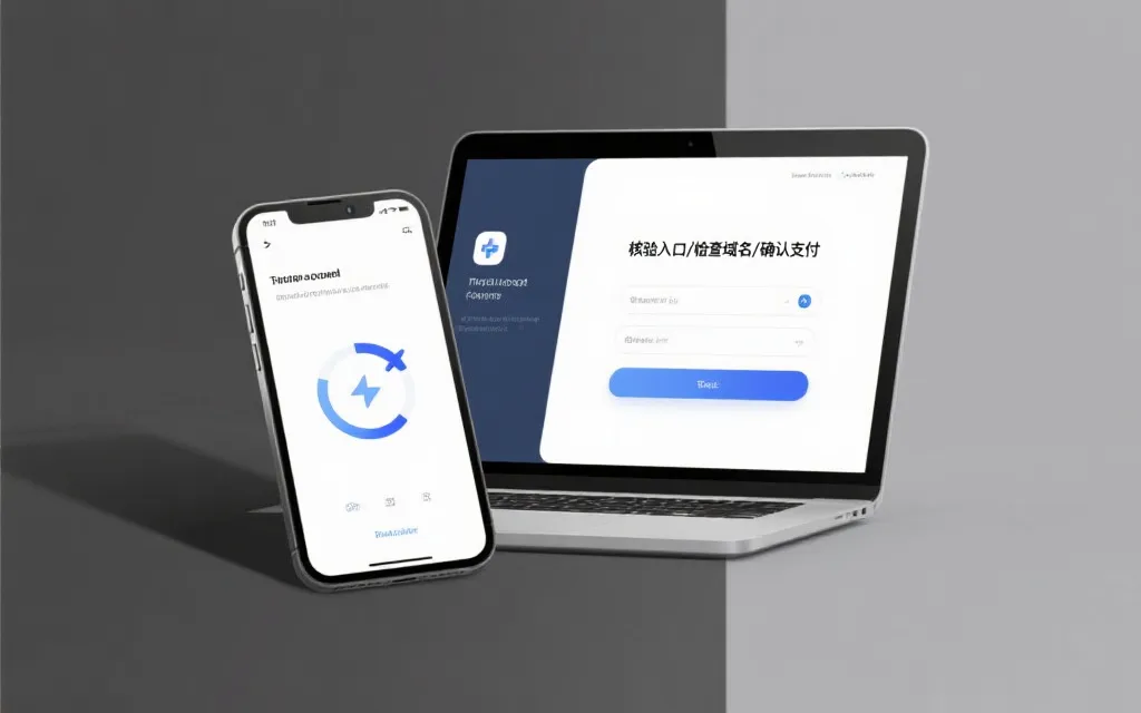 手机与电脑屏幕上展示安全核验步骤的插画风界面